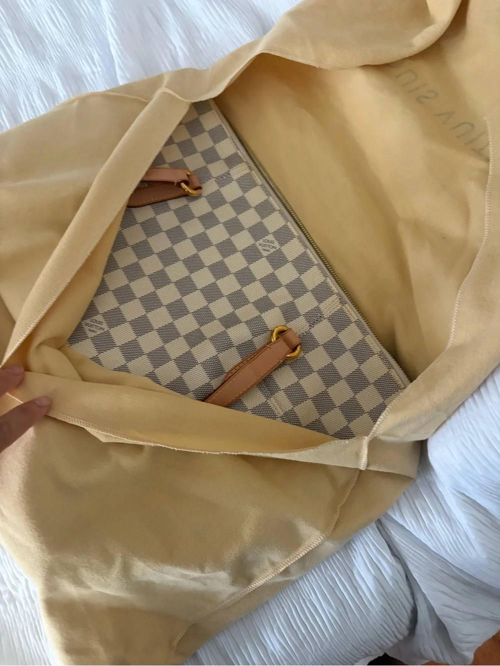 Louis Vuitton Damier Azur Checkered Tote with Tan Leather Handles